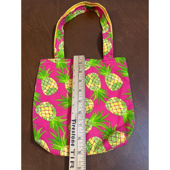 Pineapple Pink and Yellow Cotton Tote Bag Hand Made 9x9 Snap Button - Picture 3 of 4